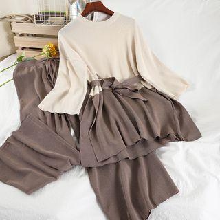 Set: Two-tone Knit Top + Wide-leg Pants
