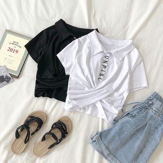 Short-sleeve Letter Knotted Cropped Polo Shirt