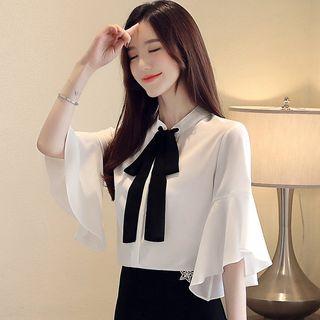 3/4-sleeve Ribbon Chiffon Top