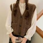 Long-sleeve Frill Trim Blouse / Cable Knit Vest / Plaid Midi A-line Skirt