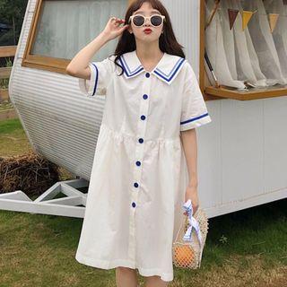 Elbow-sleeve Sailor Collar Shirt Dress White - One Size