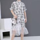 Patterned Short-sleeve Sheer Hem A-line Dress