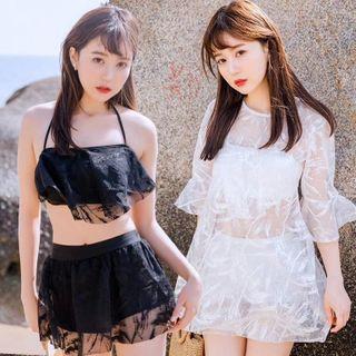 Set: Lace Panel Halter-neck Tankini Top + Swim Skirt + Cover Up