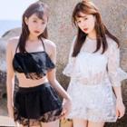 Set: Lace Panel Halter-neck Tankini Top + Swim Skirt + Cover Up