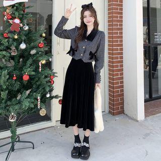 Bow-accent Plaid Cropped Top + Plain Skirt