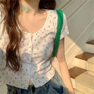 Short-sleeve Floral Print Button T-shirt
