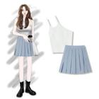 Plain Cropped Tank Top / High-waist Plain Pleated Mini Skirt