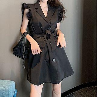Frilled Trim Sleeveless Double Breast A-line Dress