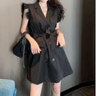 Frilled Trim Sleeveless Double Breast A-line Dress