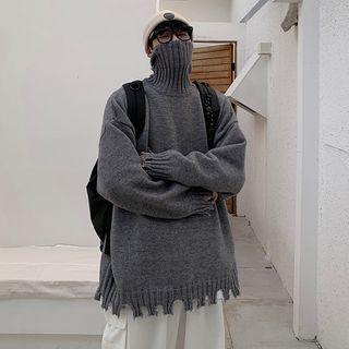 Long-sleeve Turtleneck Frayed Sweater