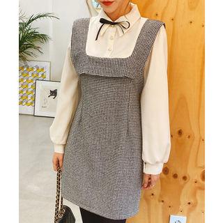 Inset Tie-neck Blouse Plaid Jumper Dress