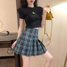 Set: Moon Embroidered Short-sleeve T-shirt + Plaid Mini Pleated Skirt