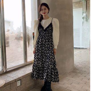 Floral Midi A-line Overall Dress / Puff-sleeve Blouse