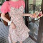 Short-sleeve T-shirt / Spaghetti Strap Floral Dress / Cardigan