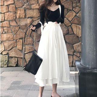 Plain Long-sleeve T-shirt / Suspender Midi Skirt