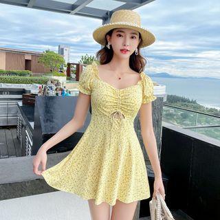 Set: Short-sleeve Floral Print Swim Dress + Shorts