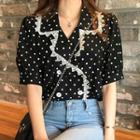 Dotted Lace Trim Short-sleeve Blouse Black - One Size