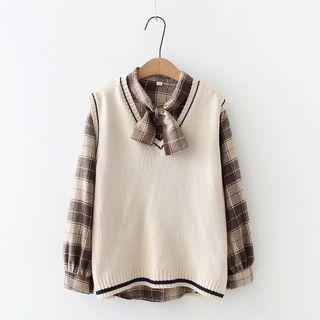 Set: Plaid Blouse + Contrast Trim Sweater Vest