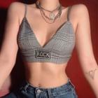 Letter Embroidered Plaid Cropped Camisole Top