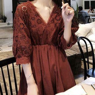 V-neck 3/4-sleeve Eyelet Mini A-line Dress