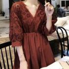 V-neck 3/4-sleeve Eyelet Mini A-line Dress