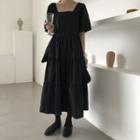 Elbow-sleeve Crinkled A-line Midi Dress Midi Skirt - Black - One Size
