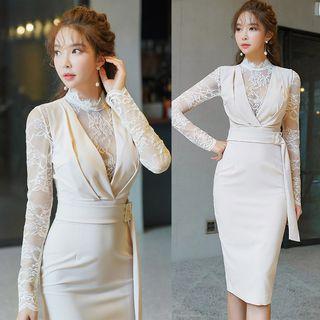Long-sleeve Lace Panel Midi Pencil Dress