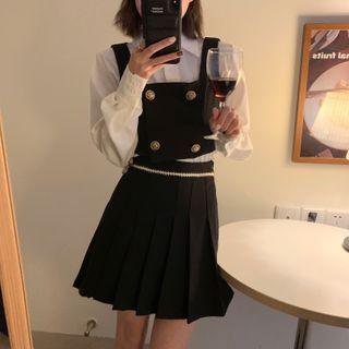 Plain Button-up Cropped Vest/ Long-sleeve Plain Shirt/ Plain High-waist Pleated A-line Skirt