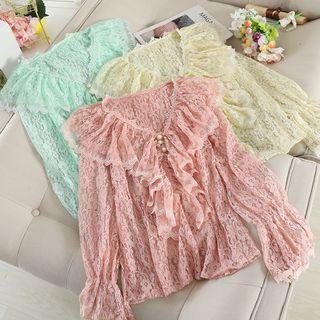 V-neck Ruffled Long-sleeve Lace Top