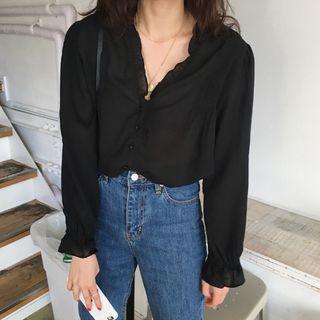 V-neck Frill-trim Shirt Black - One Size