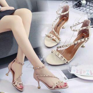 Faux Leather Studded Kitten Heel Sandals