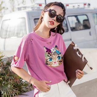 Sequined Cat Short-sleeve T-shirt