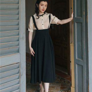 Set: Short-sleeve Bow Detail Blouse + Midi Overall Dress