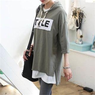 Cuff-sleeve Dip-back Lettering Hooded Top