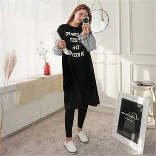 Stripe-sleeve Lettering Pullover Dress