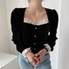 Lace Panel Square Neck Buttoned Blouse