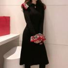 Bell-sleeve Floral Jacquard Panel A-line Knit Dress