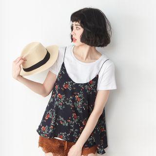 Set: Crew-neck Short-sleeve T-shirt + Printed Camisole Top