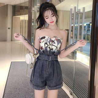 Suspender Denim Shorts / Floral Tube Top