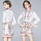 Set: Long-sleeve Floral Print Shirt + Mini Fitted Skirt