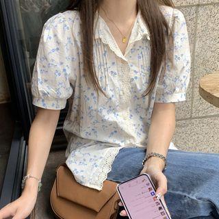 Short-sleeve Eyelet Trim Floral Shirt Shirt - Blue - One Size