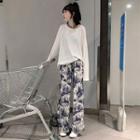 Long-sleeve T-shirt / Floral Print Split Wide Leg Pants
