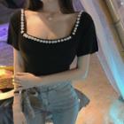 Short-sleeve Faux Pearl T-shirt Black - One Size