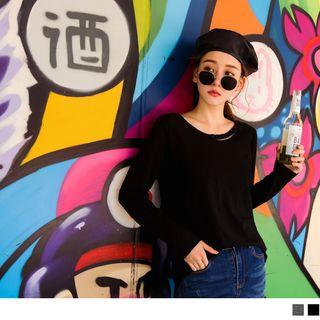 Cutout Long Sleeve Plain T-shirt