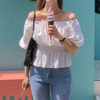 Off-shoulder Short-sleeve Shirred Blouse White - One Size