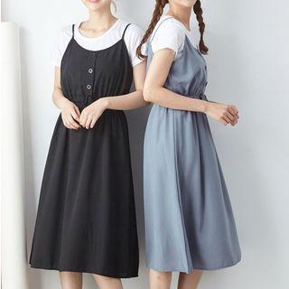 Set: Short-sleeve T-shirt + Spaghetti-strap Drawstring Waist Dress