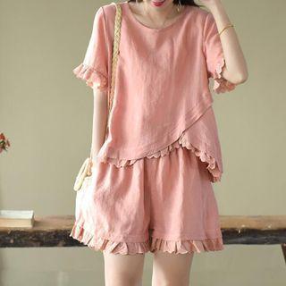 Set: Short-sleeve Frill Trim Top + Shorts