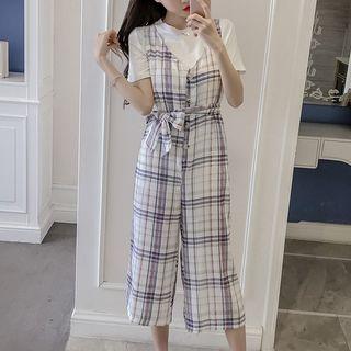 Set: Short-sleeve T-shirt + Plaid Sleeveless V-neck Jumpsuit