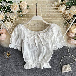 Eyelet Panel Ruffle Trim Short-sleeve Cropped Blouse