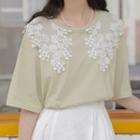 Elbow-sleeve Floral Lace Collar T-shirt